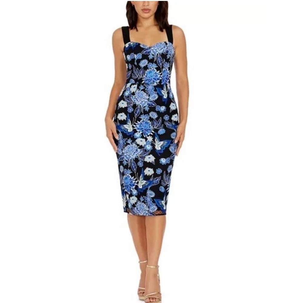 Dress the Population Blue Floral Butterfly Embroidered Midi Sheath‎ Dress